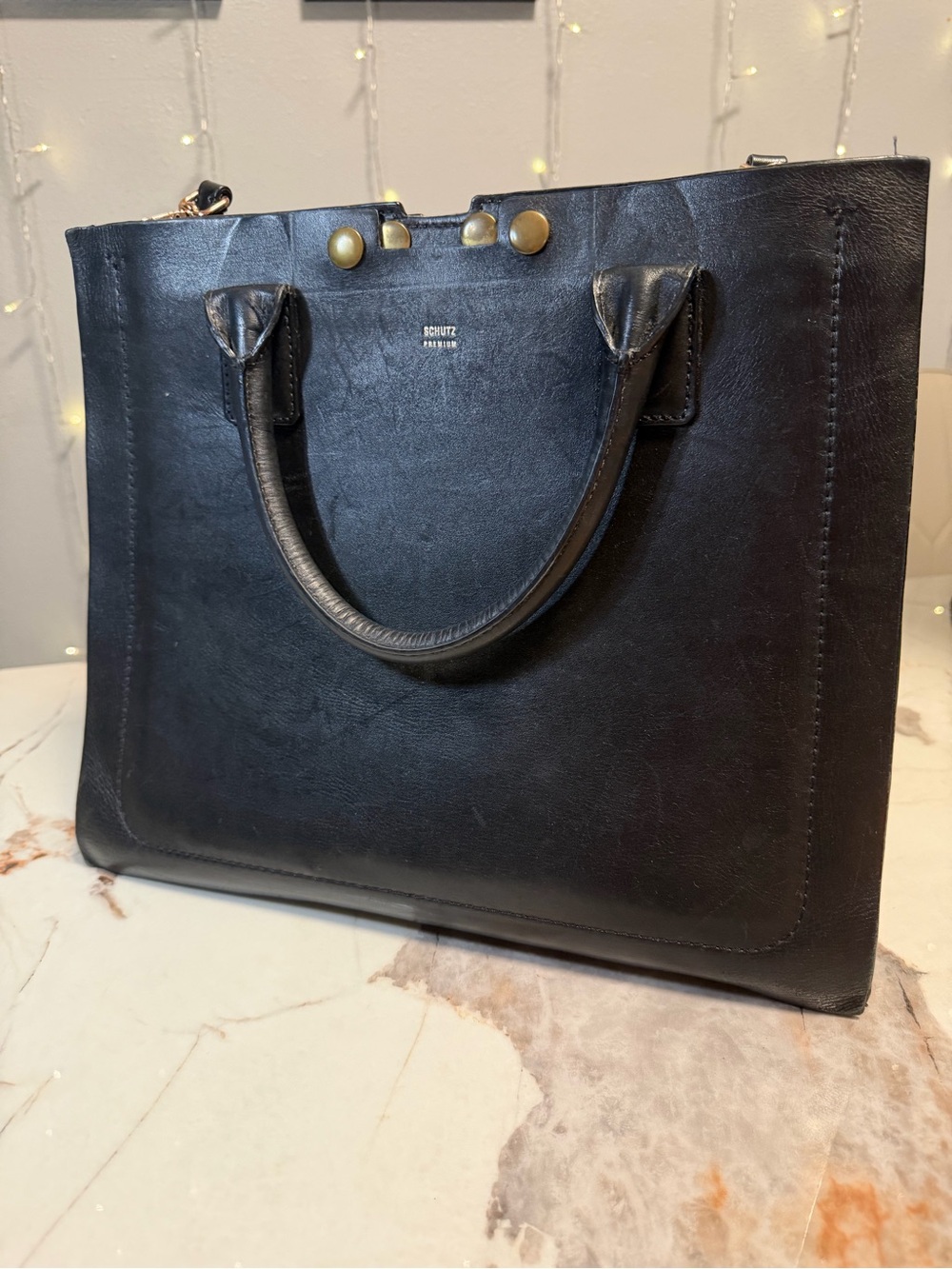 SCHUTZ Premium Black Leather Tote Bag Gold Hardware Shoulder Crossbody Satchel